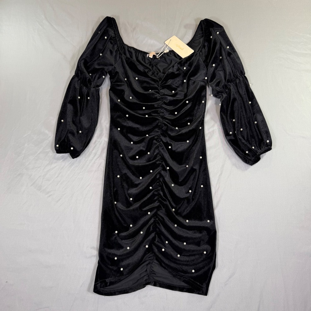 Velvet Pearl Embellished Ruched Mini Dress M Coquette Glam Cocktail Whimsigoth